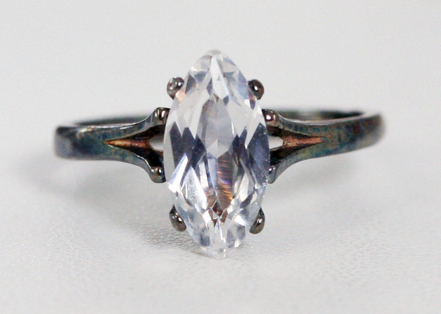 Oxidized Sterling White Sapphire Marquis Solitaire Ring