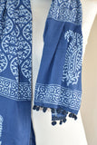 Indigo Blue Block Print Royal Ikat Cotton Pompom Scarf