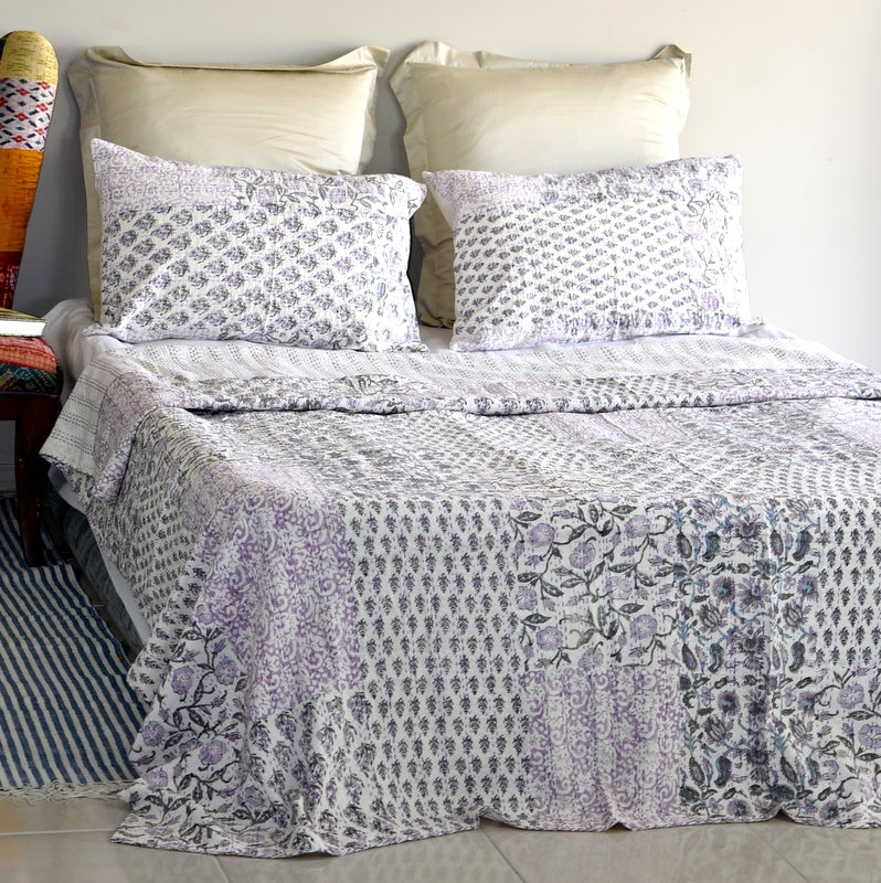 Purple Hand Block Patchwork Kantha Quilt