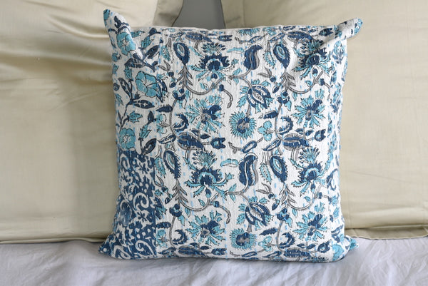 Blue Hand Block Printed Patchwork Cushion Cover