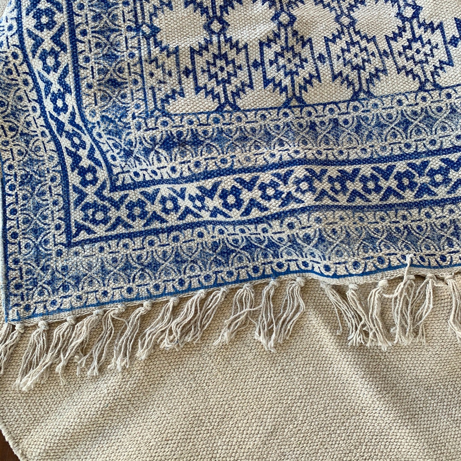 Handmade Beautiful Blue Block Print Cotton Dari Carpet Spirit – Adore India
