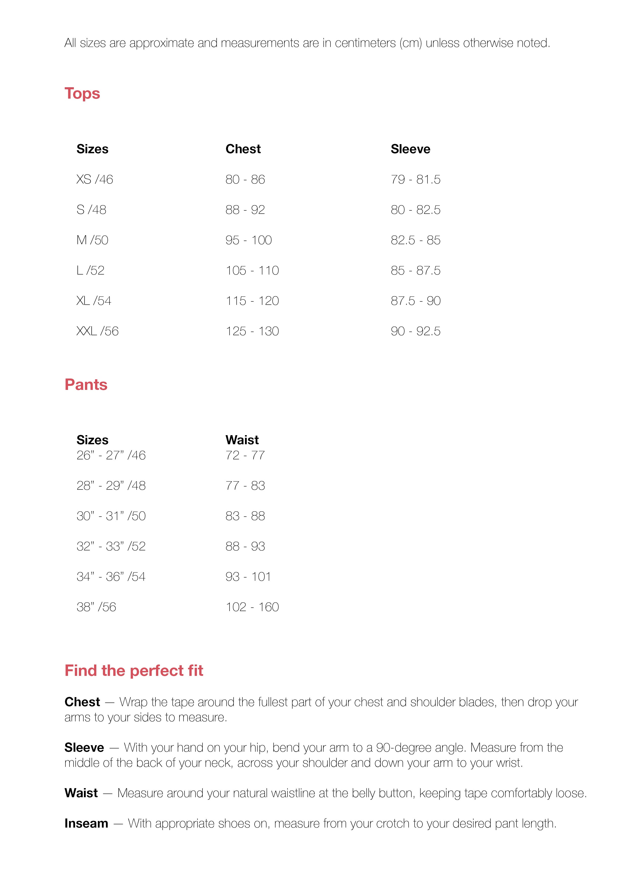 Apparel Size Chart