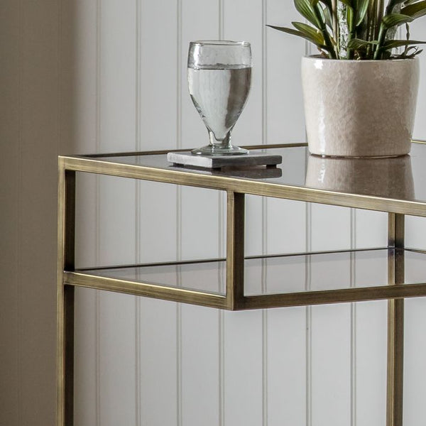 Stylish slender metal bronze finish  Desk with smoked glass