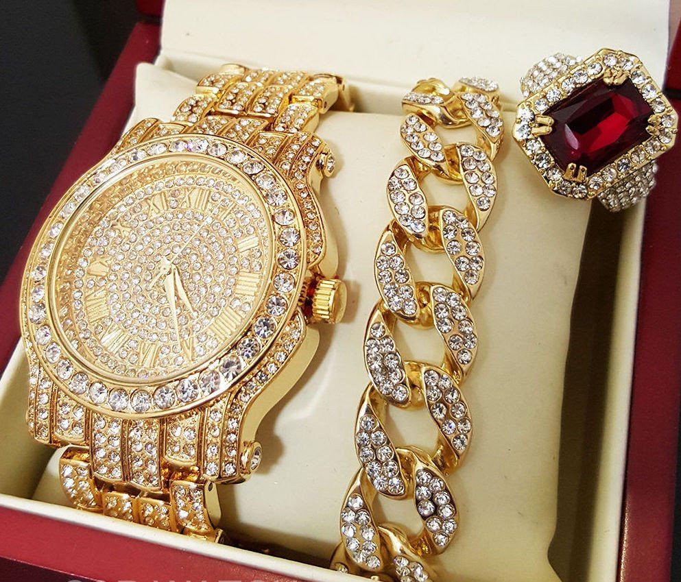 ICED OUT GOLD TONE WATCH, RING & BRACELET COMBO SET – FANATICS365