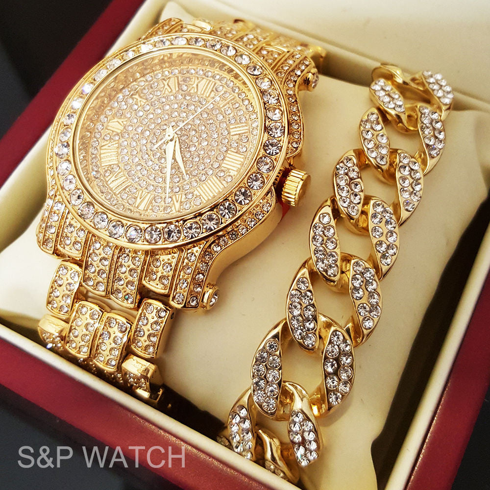 Iced Out Gold Tone Simulated Diamond WATCH & Cuban Bracelet Gift Set ...