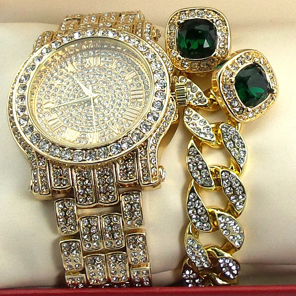 Iced Out Simulated Diamond Watch, Cuban Bracelet & Emerald Earrings Se ...