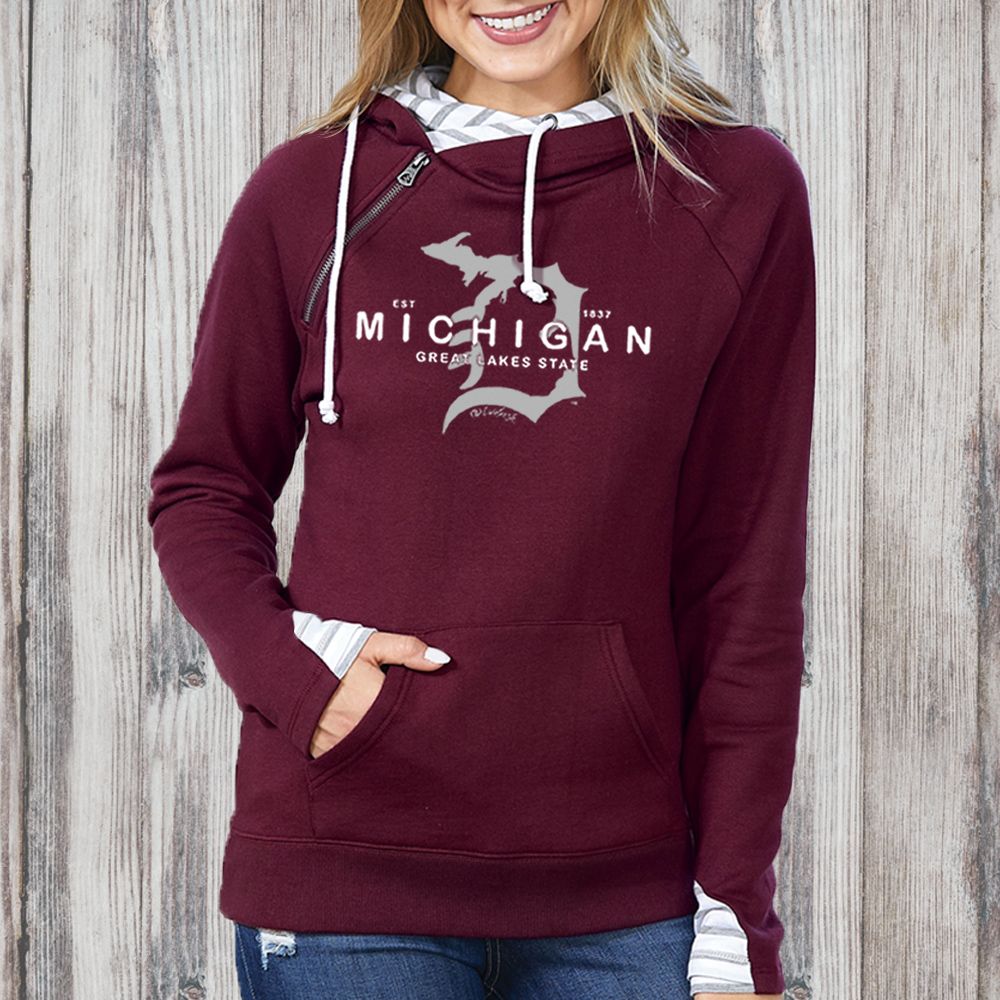 Image of "Michigan D Established 1837" Women's Striped Double Hood Pullover