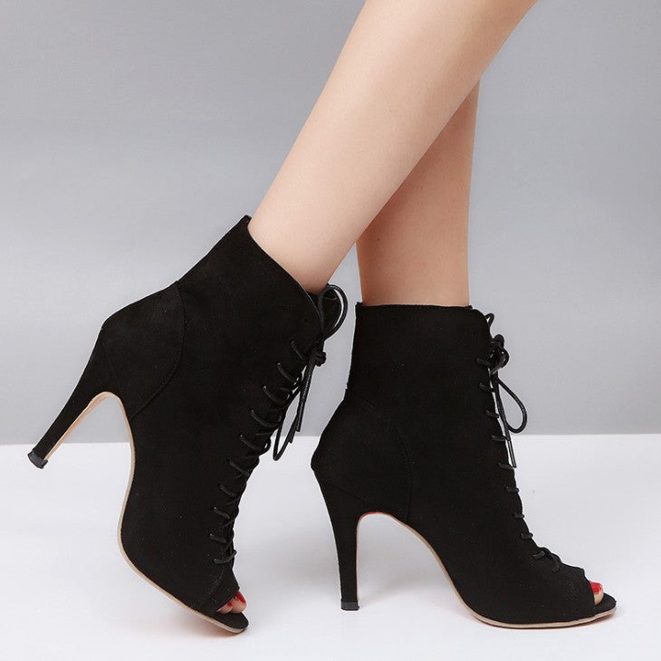 black suede open toe heels