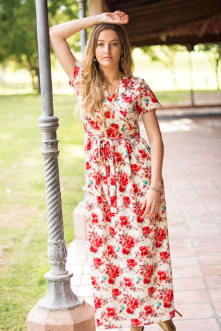 pink dress with red flowers