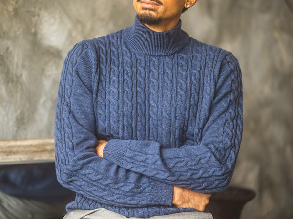 blue cable knit sweater