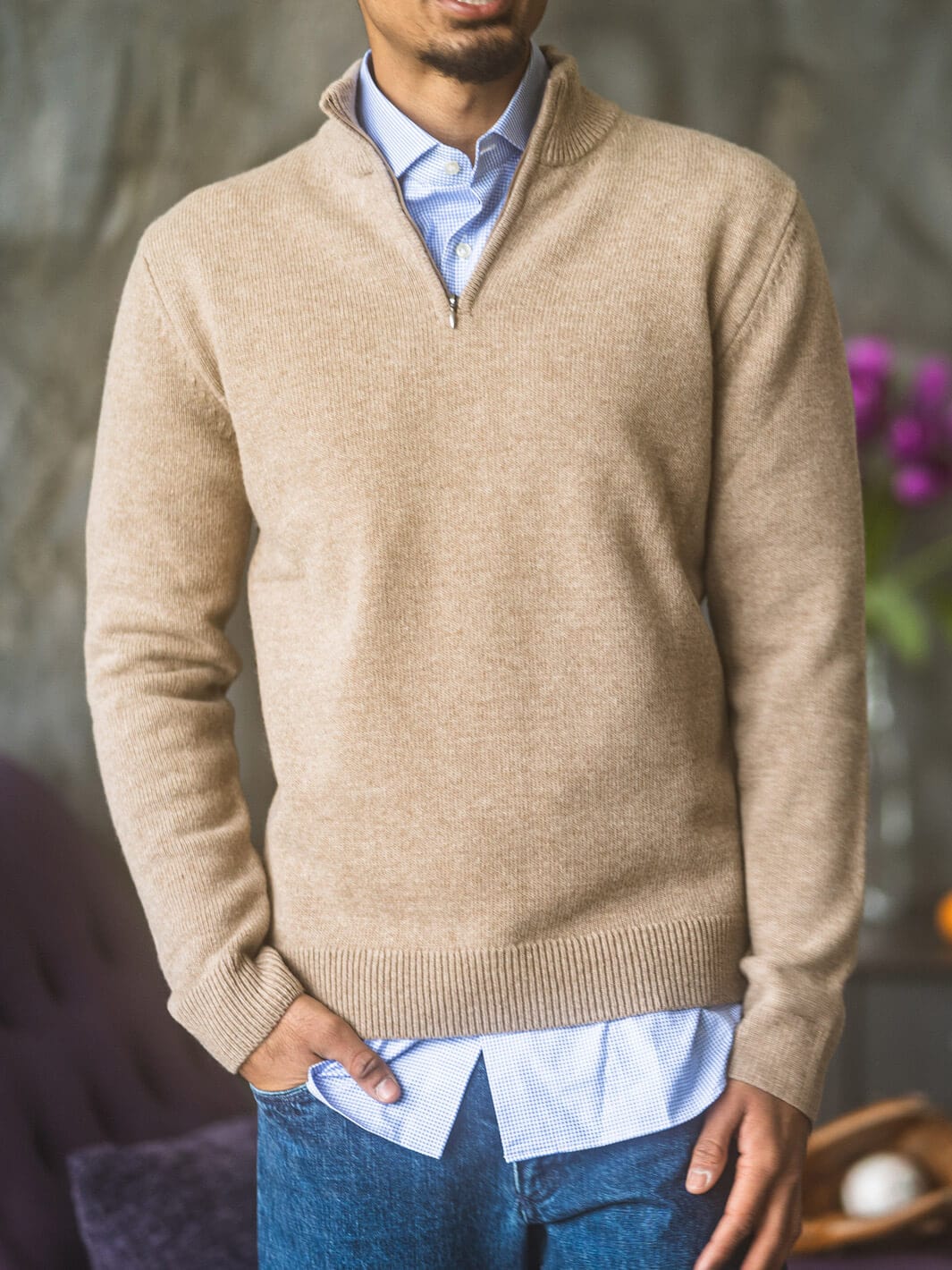 V-Neck Sweater | Tobacco/Navy – Anatoly & Sons