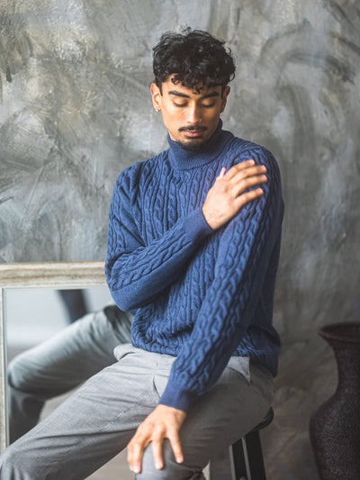 Anatoly & Sons Sweater Blue Lupetto Cable Knit Sweater