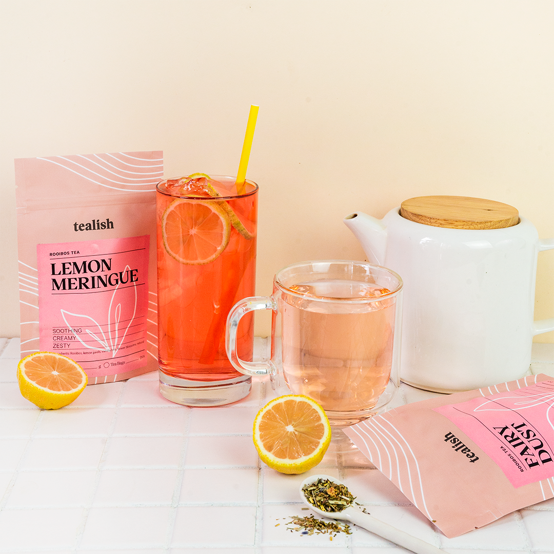 rooibos tea types in pouch packaging with made drinks