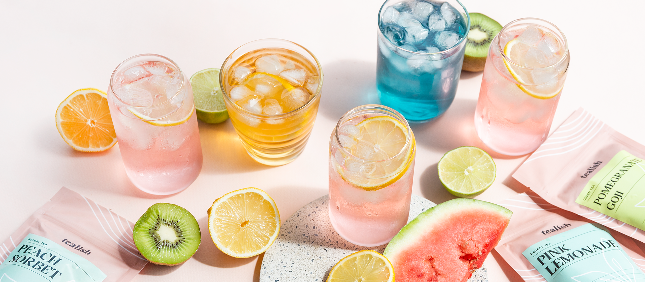 colourful iced teas with fruits and tealish tea pouches