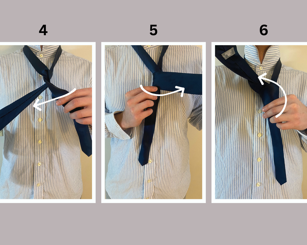 Simply pass the wide end underneath and to the right of the narrow part with the back side facing out. Cross the wide side over to the left with the front side facing out.  Now pull the wide side through the opening of the neck.