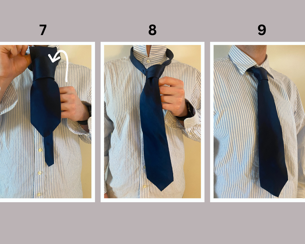 Now when you bring it down, pass it through the loop. To tighten and adjust, hold the tie with one hand and slide the knot carefully up toward the collar with the other hand until comfortable Lastly, lower the collar and Voila!
