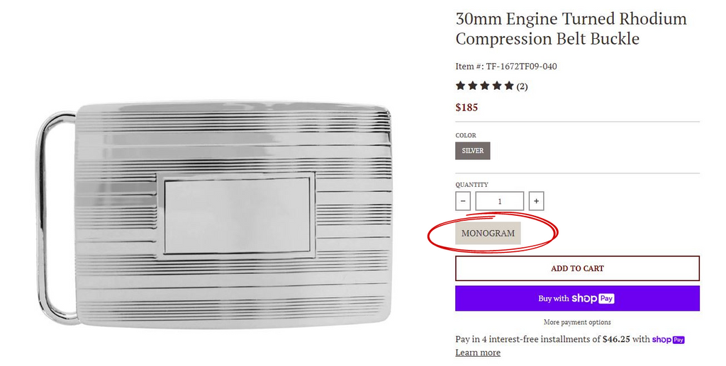 Screenshot of a product page with the monogram button circled