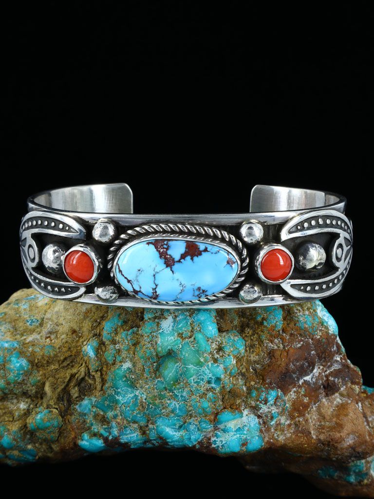 Vintage Navajo Sterling Silver Carved Indian Chief Turquoise Coral Cuff  Bracelet  eBay
