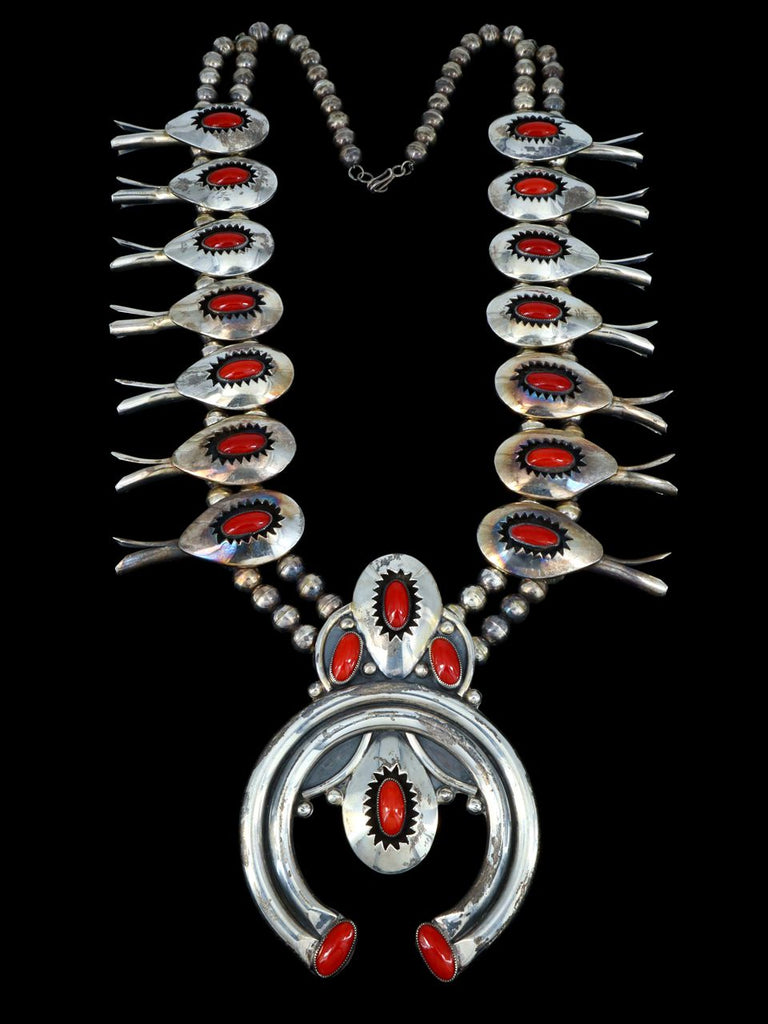 Large Vintage Navajo Battle Mountain Turquise Sterling Silver Squash Blossom  Necklace 