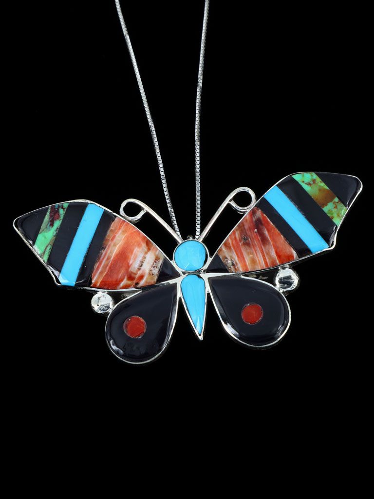Native American Zuni Inlay Butterfly Pin Pendant - PuebloDirect.com