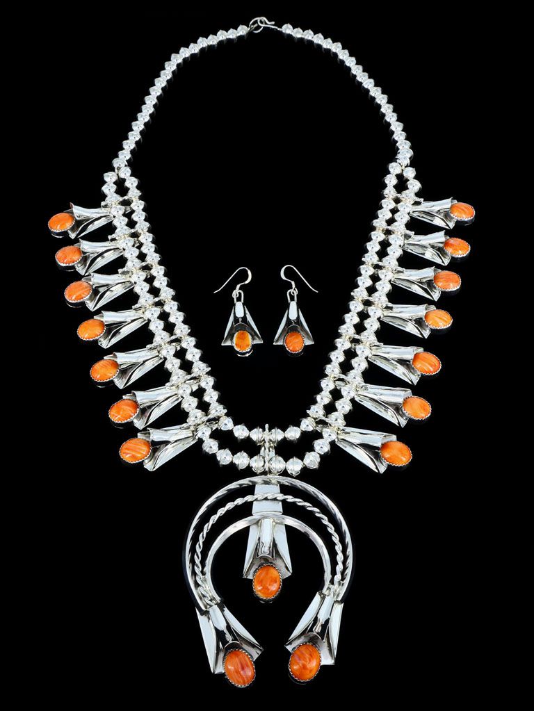 Navajo Spiny Oyster Sterling Silver Squash Blossom Necklace - PuebloDirect.com