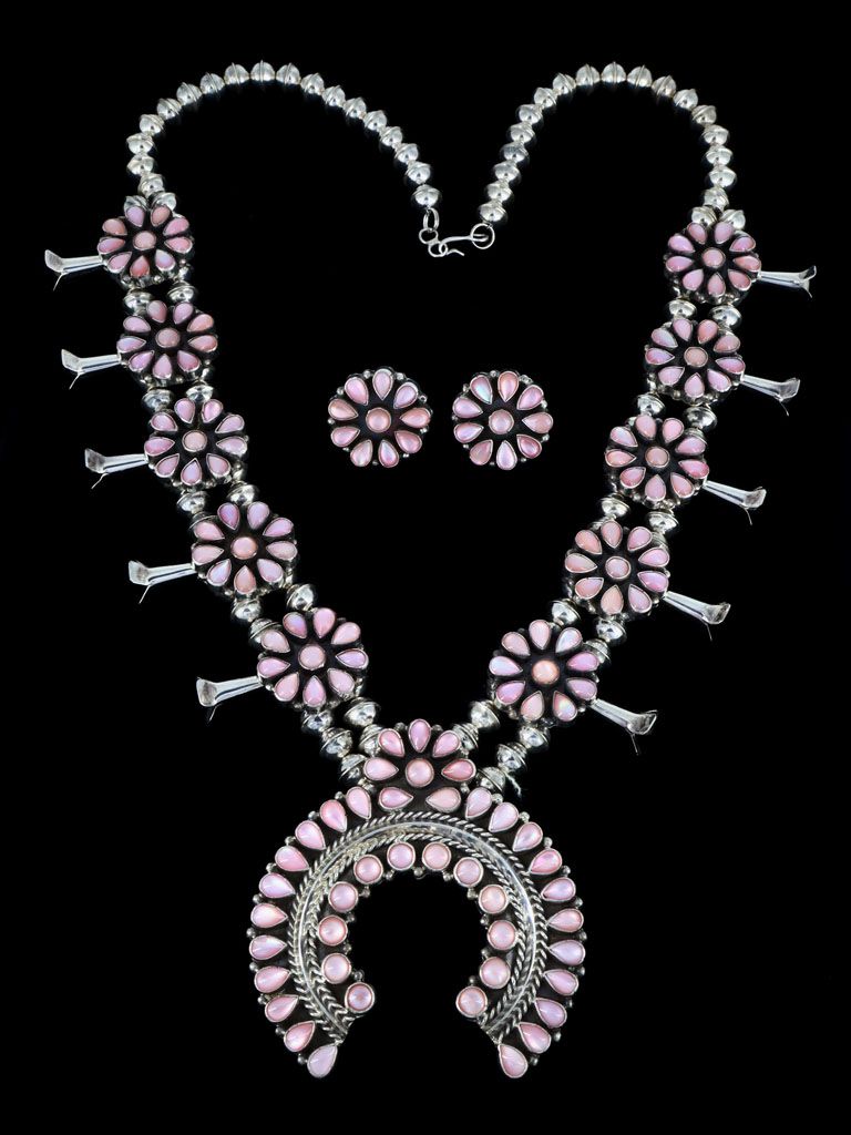 Vintage Native American Sterling Silver Pink Lab Opal Squash Blossom  Necklace | eBay