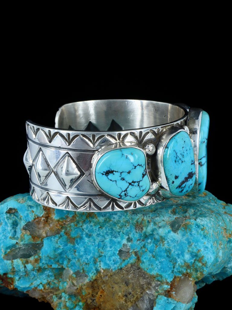 Native American Sleeping Beauty Turquoise Cluster Sterling Silver Cuff  Bracelet