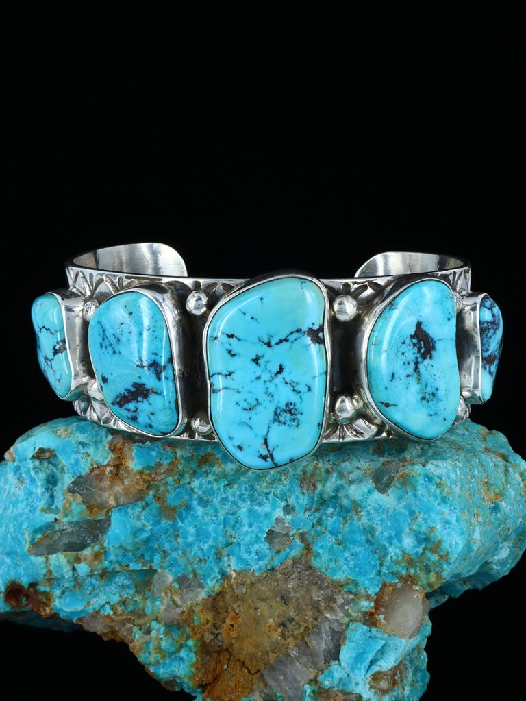 Native American Sleeping Beauty Turquoise Cluster Sterling Silver Cuff  Bracelet