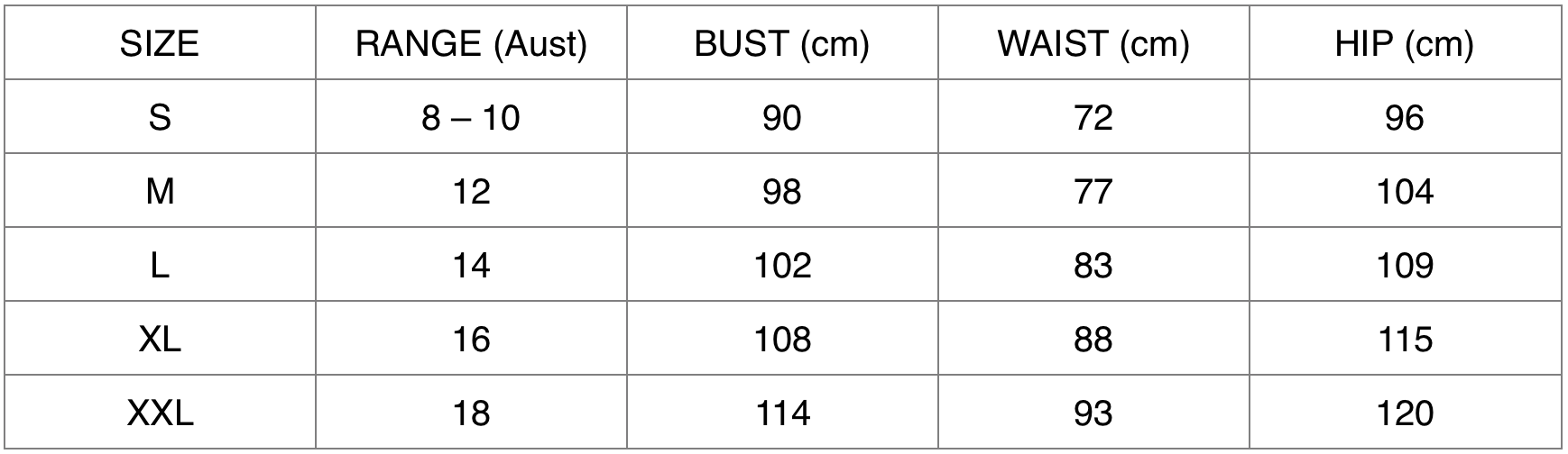 True fit body size chart