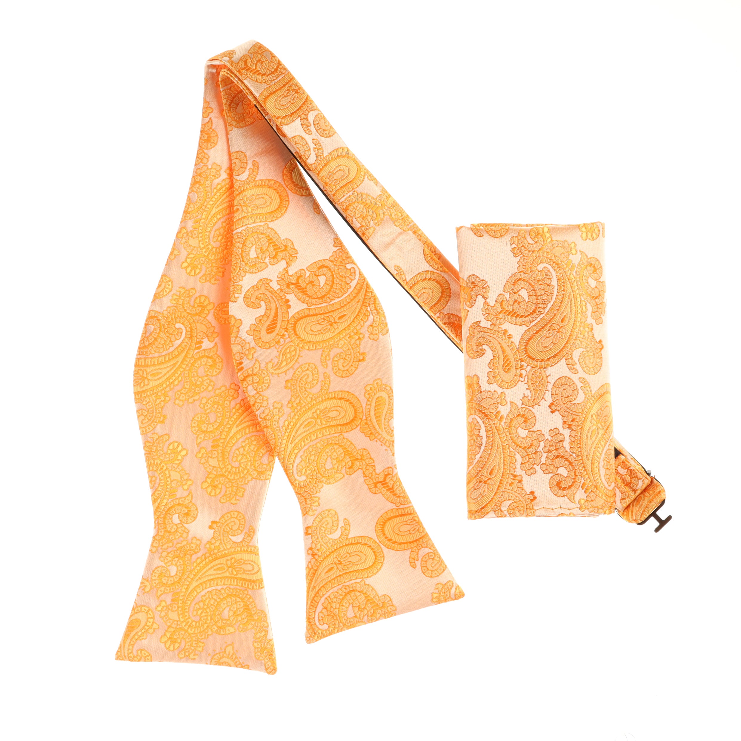 Metallic Orange and Light Gold Paisley Designed Self-Tie Bow Tie with Matching Pocket Square