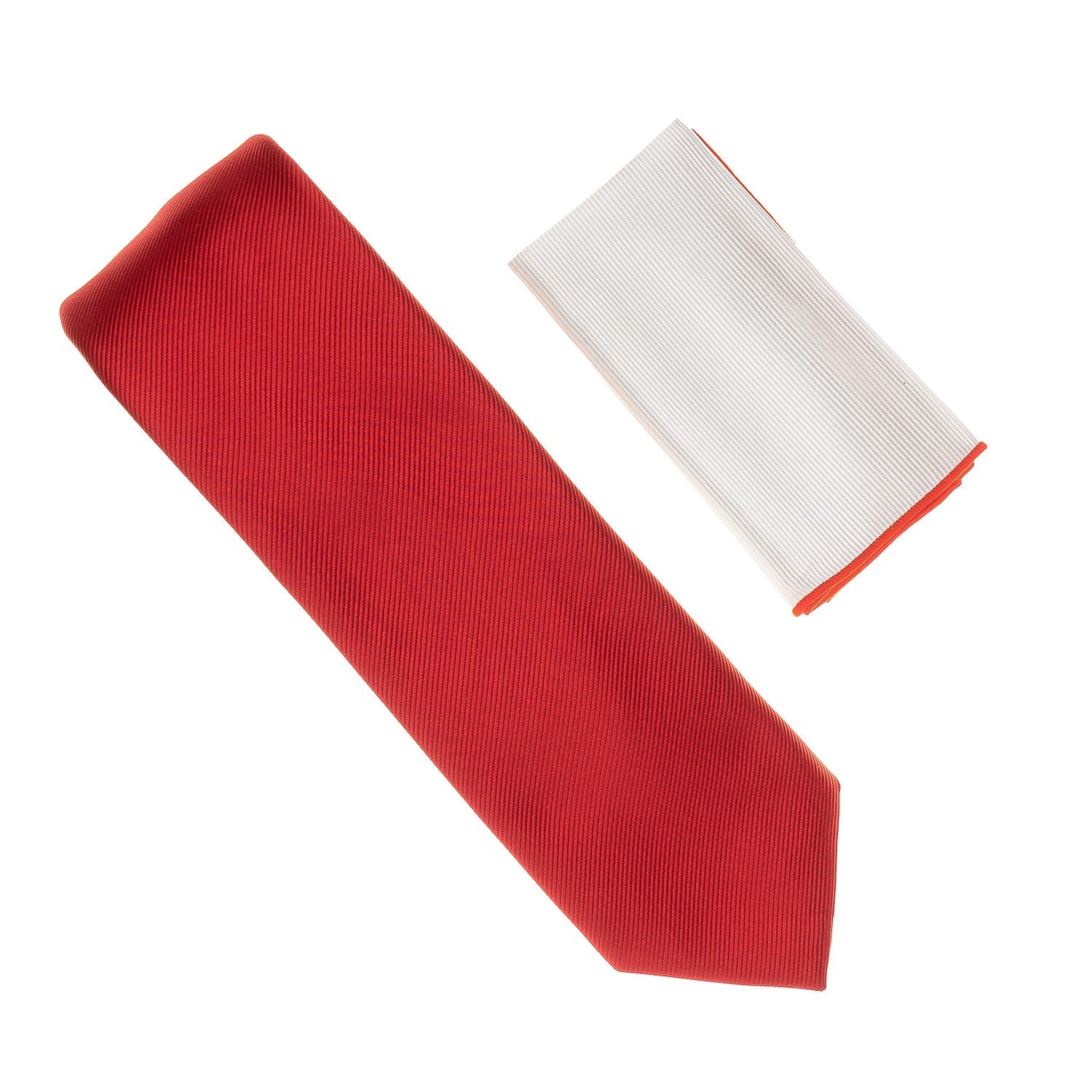 Red Corded Weave Extra Long Necktie with a White Pocket Square with Red Trim