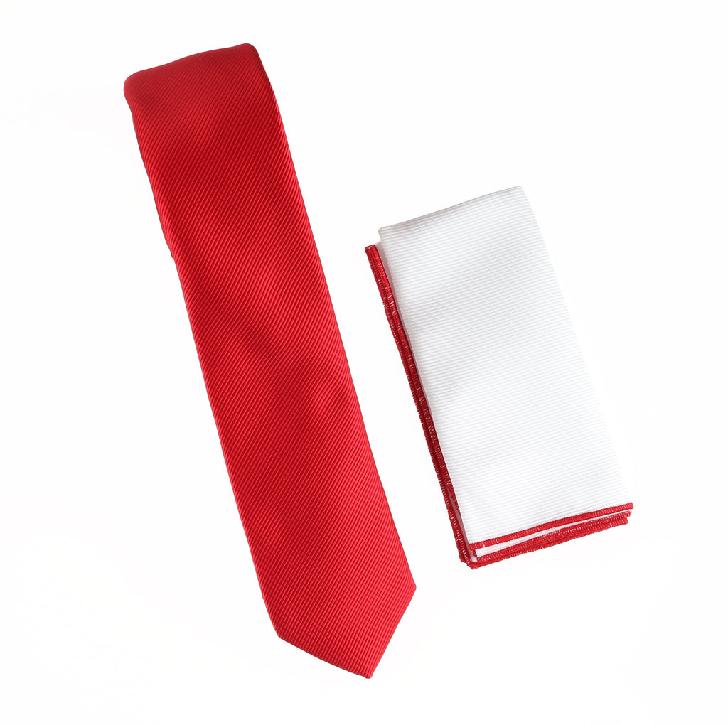 Corded Weave Solid Red Skinny Tie With A Pocket Square With Red – Tie Factory