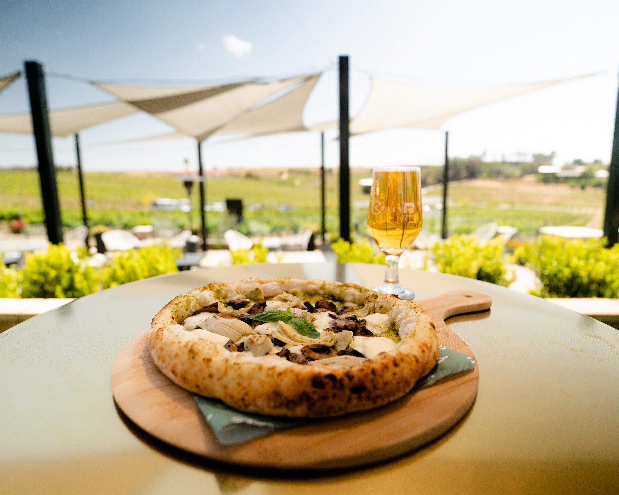 Pizza and wine outdoors at Akash Winery
