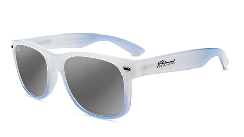 Sunglasses with Glossy Grey and Blue Frames and Polarized Silver Smoke Lenses, Flyover