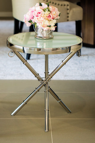 Alaz Mirror Pollished Stainless Steel SideTable With White Glass Top (40% OFF)
