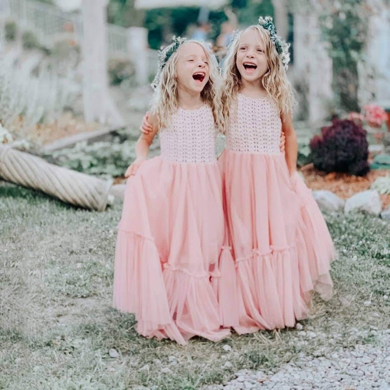 Blush pink tulle flower girl dress, White lace flower girl dress