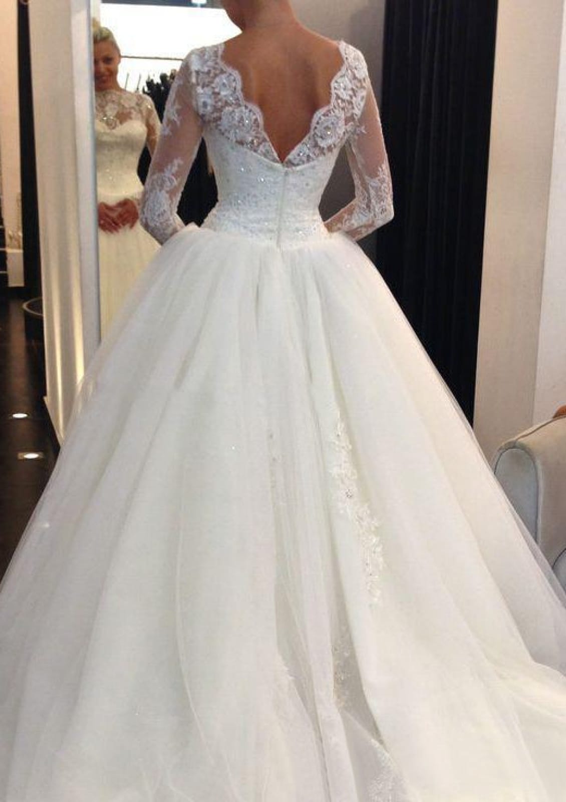 Ball Gown Scalloped Lace Long Sleeve Court Tulle Royal Wedding Dress ...