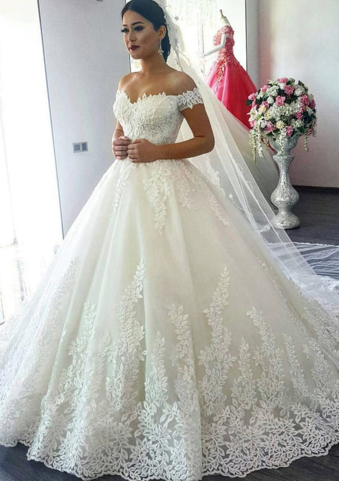 Ball Gown Off Shoulder Chapel Train Lace Tulle Wedding Dress| Misdress