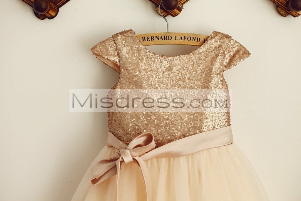 Cap Sleeves Champagne Sequin Tulle Wedding Flower Girl Dress, Belt ...