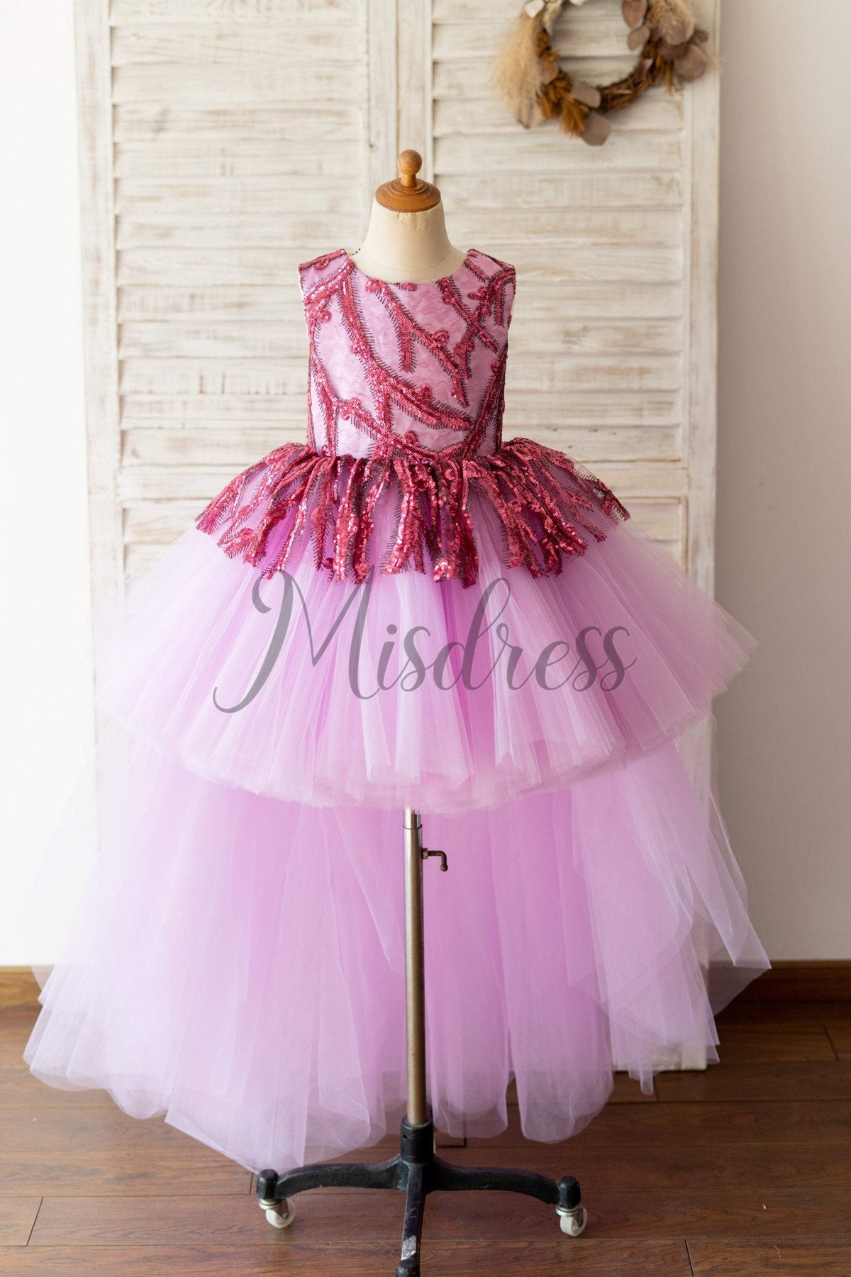 Fuchsia Sequin Tulle V Back Hi-Low Wedding Flower Girl Dress Kids Part ...