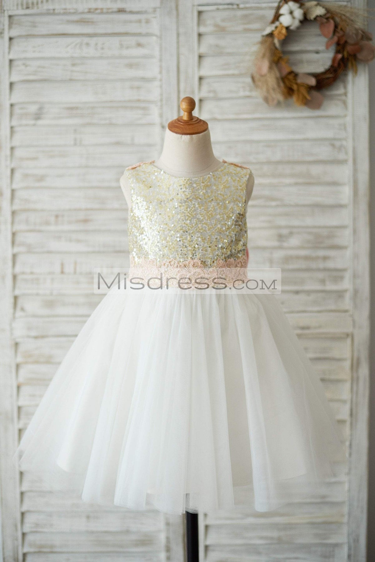 Gold Sequin Ivory Tulle V Back Wedding Flower Girl Dress Pink Lace Be Misdress 5659