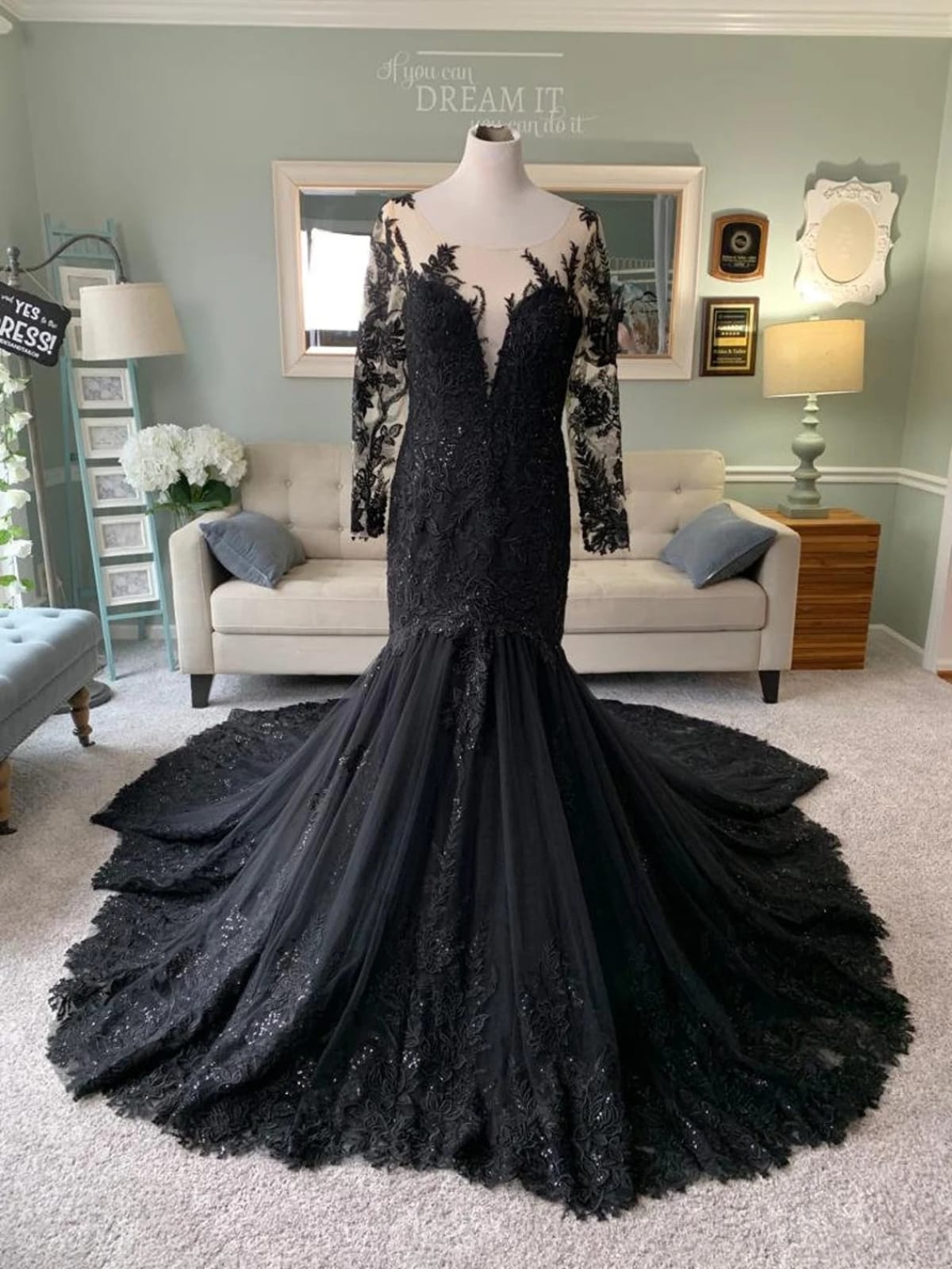 Illusion Long Sleeve Lace Tulle Trumpet Black Wedding Dress, Sequins ...