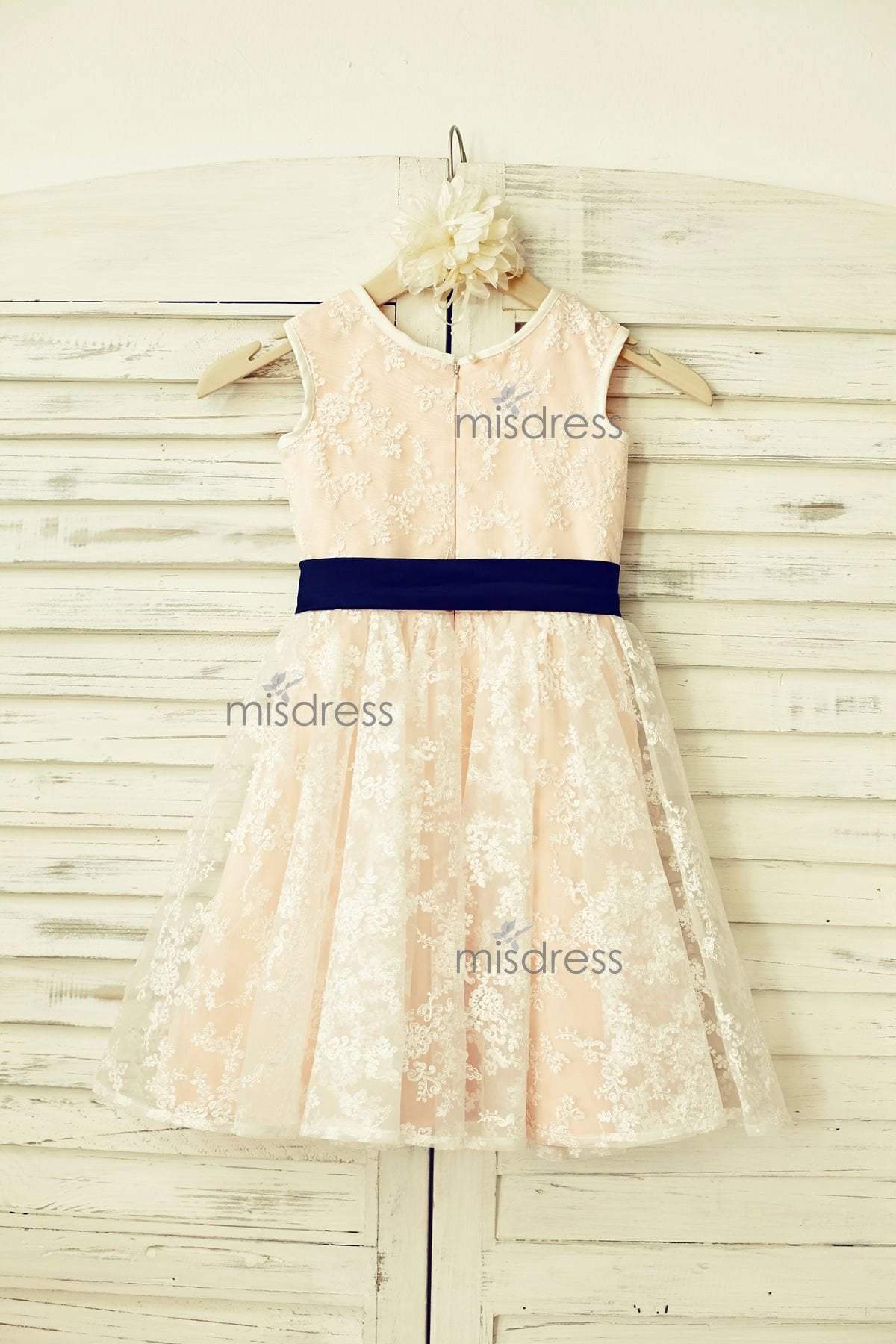 Ivory Lace Blush Pink Lining Flower Girl Dress, Navy Blue Sash| Misdress