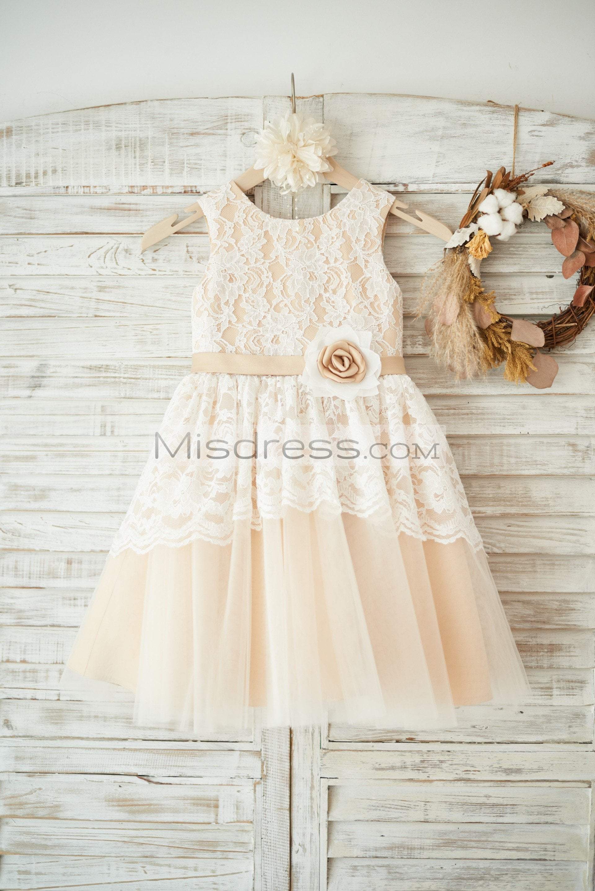 Ivory Lace Champagne Tulle Sleeveless Wedding Flower Girl Dress, Sash ...