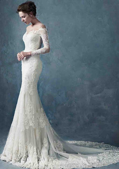 Trumpet Off Shoulder Long Sleeve Lace Bridal Gown Wedding Dress