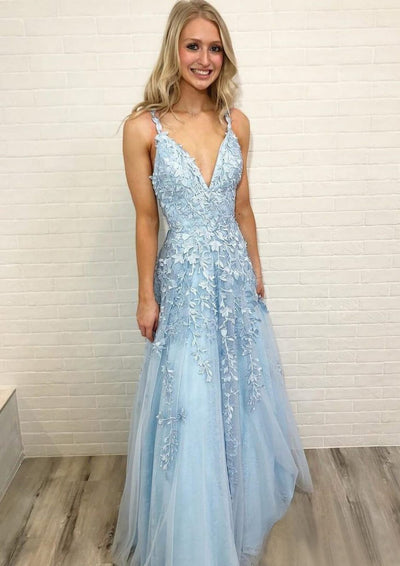 V Neck Lace Corset Horsehair Sky Blue Tulle Prom Dress Evening Gown