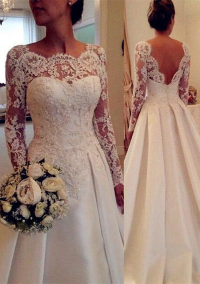 A-Line Wedding Dress Long Sleeve Open Back Bateau Sweep Lace 2024