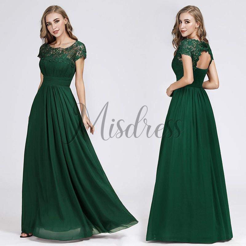 A-line Cap Sleeves Keyhole Back Lace Chiffon Evening Prom Party Dress ...