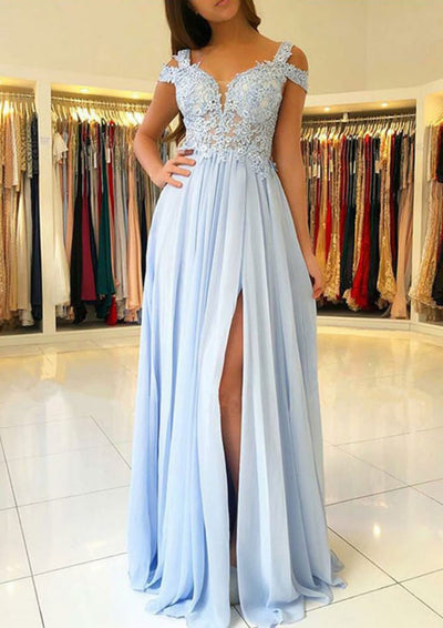 V Neck Light Blue Chiffon Long Prom Dresses with Slit, V Neck Light Blue  Formal Evening Dresses, Light Blue Bridesmaid Dresses