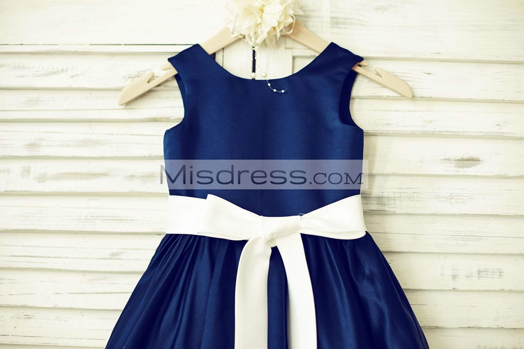 A-line Navy Blue Satin Ivory Stripes Flower Girl Dress, Belt| Misdress